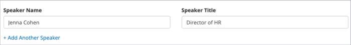 Event Information page shows speaker name and title fields filled in, and +Add Another Speaker option