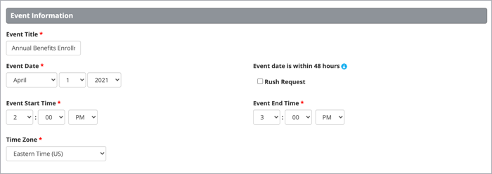 Event Information section shows the event title entered and the date, time, and time zone selected 