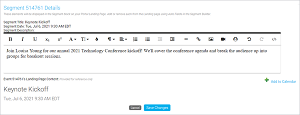 Segment Details section shows the editor with the event description