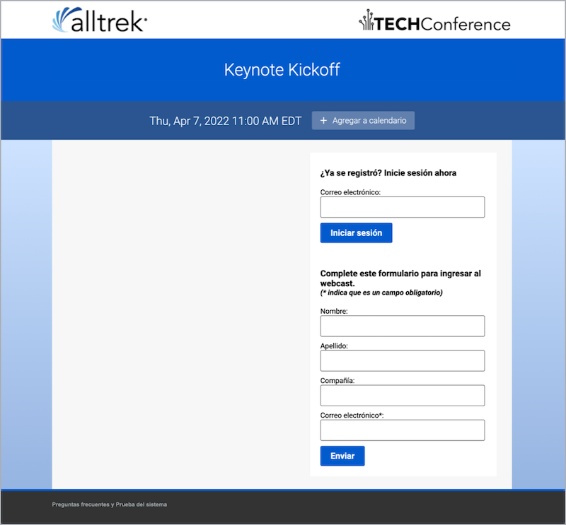 Attendee registration page with Spanish labels and buttons