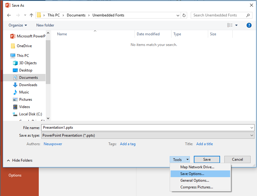 PowerPoint Save window with Tools and Save Options selected