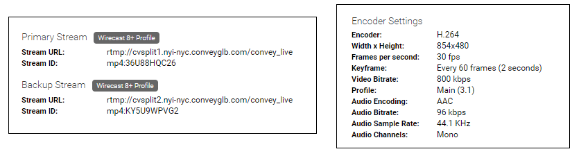 Encoder Settings with primary and backup stream details