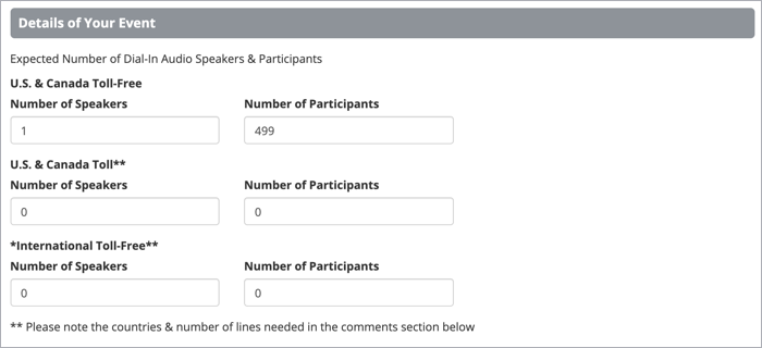 Details of Your Event section shows 1 speaker and 499 participants will dial-in with US & Canada toll-free numbers