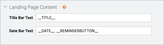 Landing Page Content section shows default title bar and date bar text