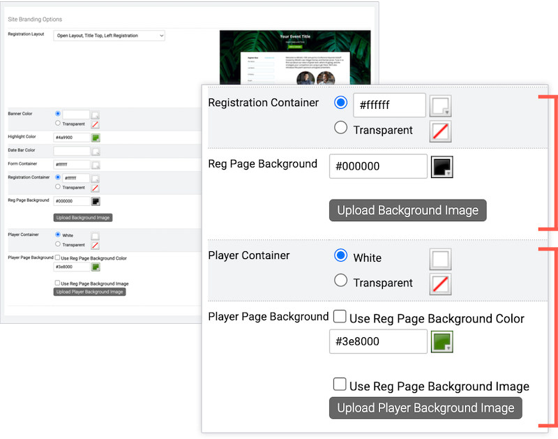 Site Branding Options section with Registration Container and Registration Page Background options and Player Container and Player Page Background options grouped together