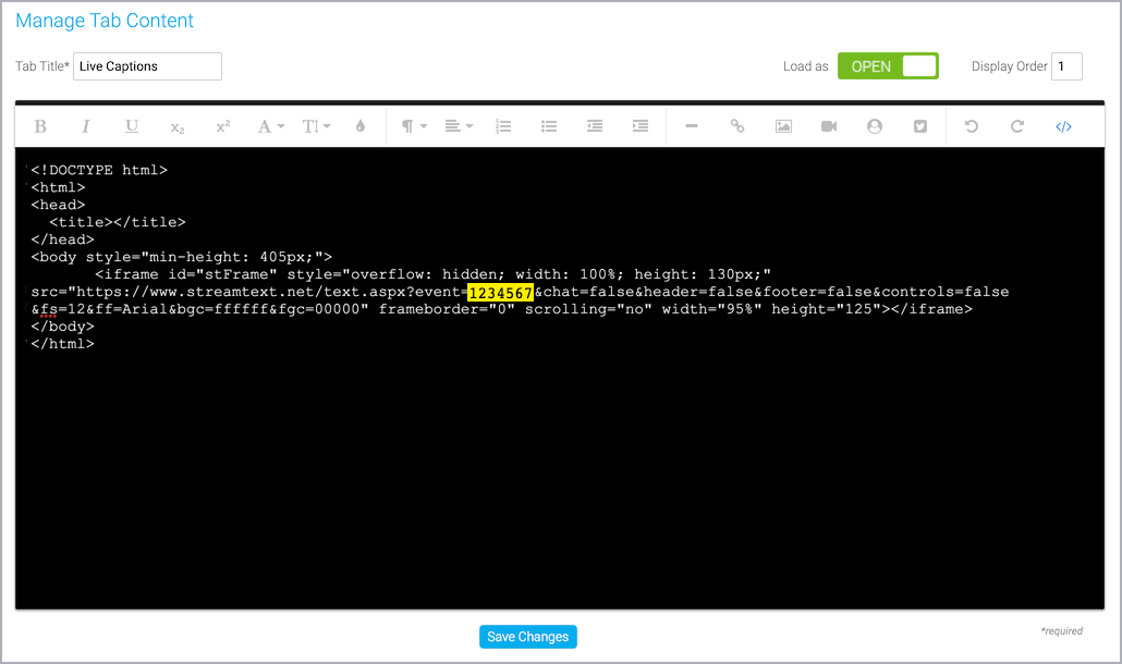 Sidebar tab setup for live captioning