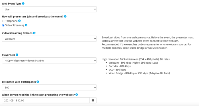 Web Event Details page shows a Live event with Video Streaming at 480p, 500 expected participants, and a date selected for the event link.