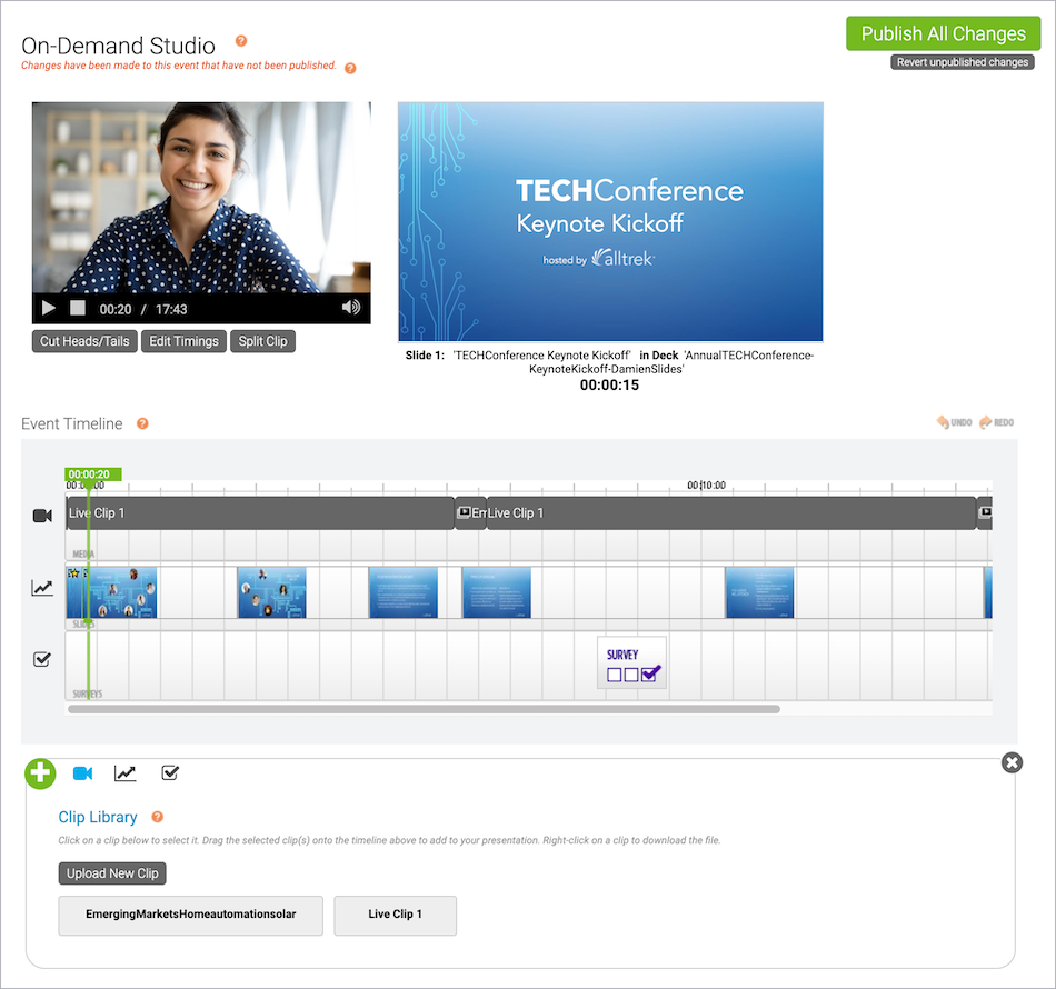 On-Demand Studio controls showing video media, slides, event timeline and clip library