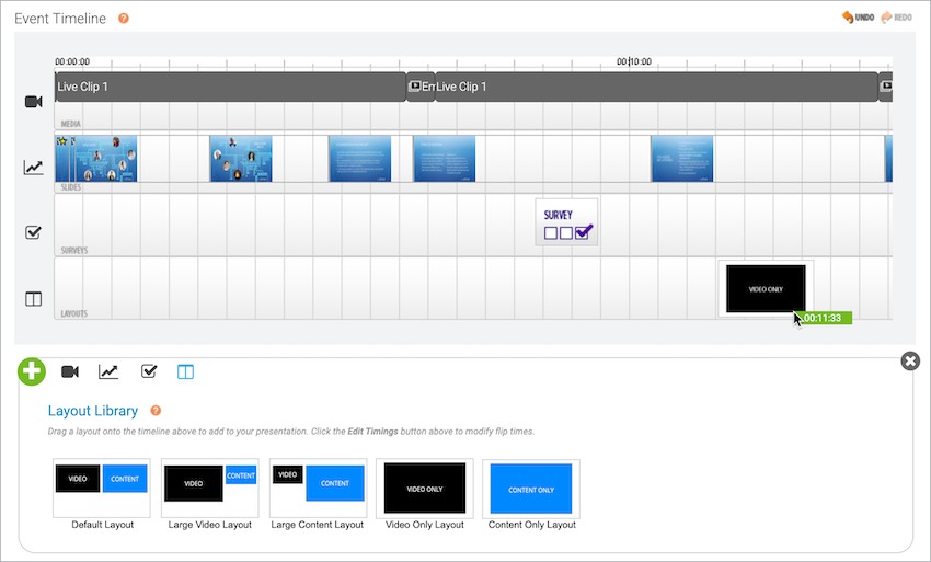 Event Timeline shows a Video Only layout being dragged to the Layouts track