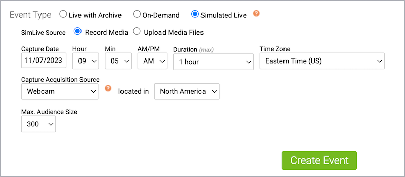 Simulated Live event details with Record Media selected